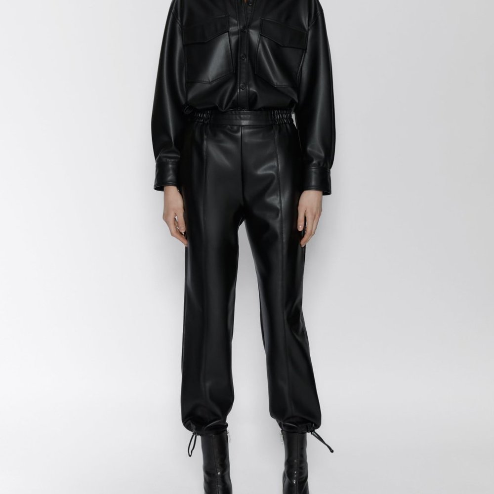 Zara FAUX LEATHER PANTS—Tie at the bottom-black-XS